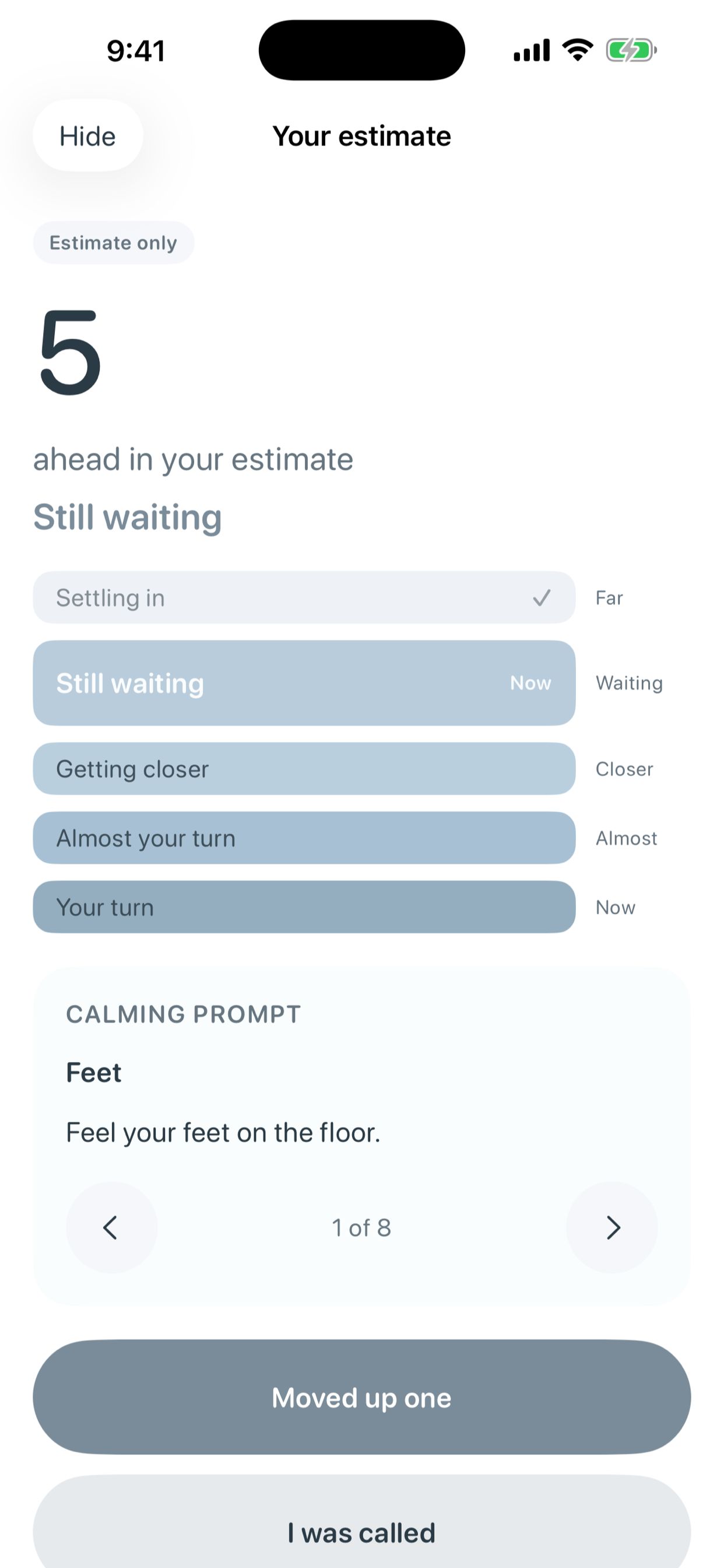 QuietQueue session screen showing five places ahead and labeled wait stages